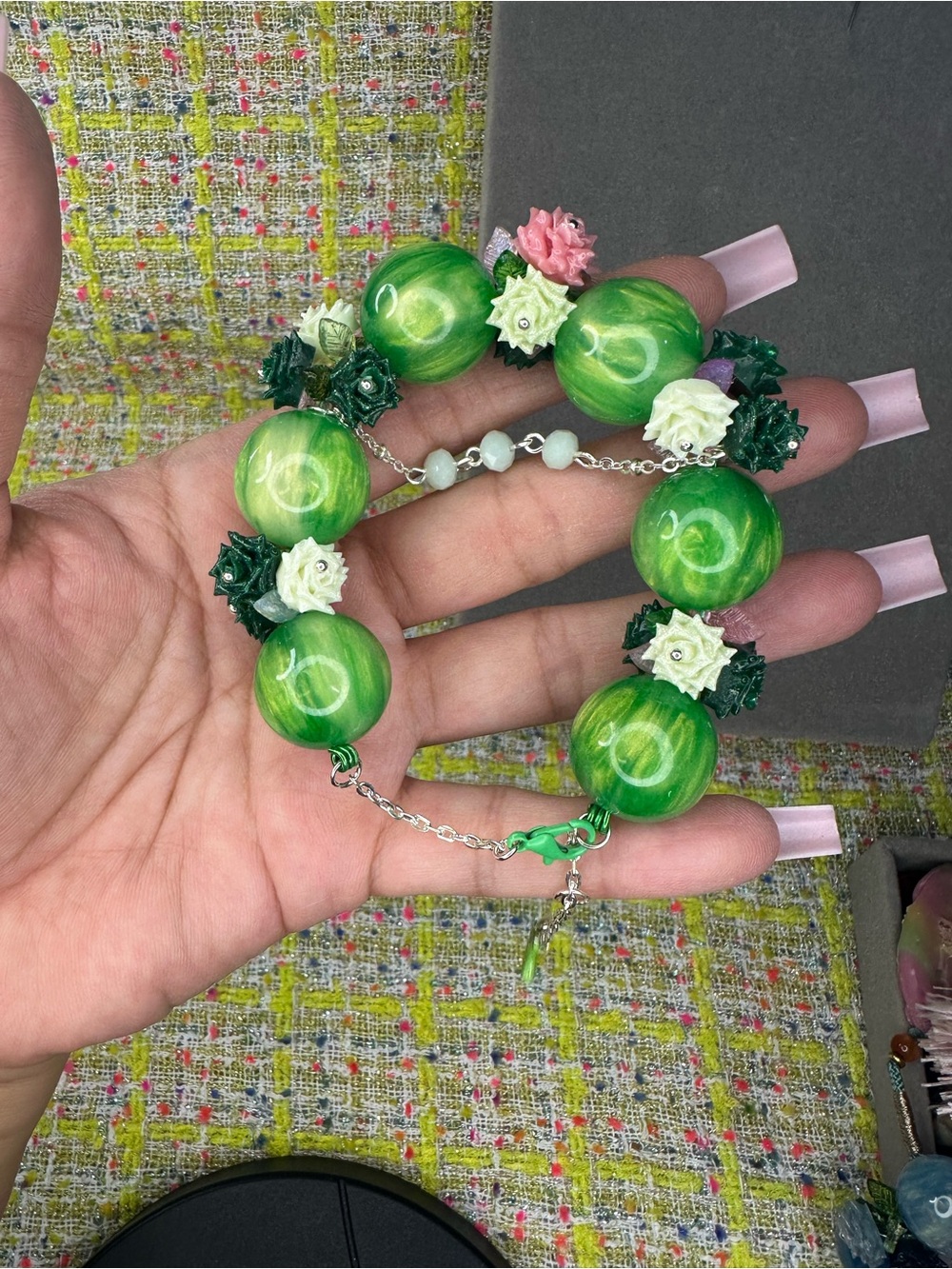 Handcrafted Green Floral Coral Bead Bracelet